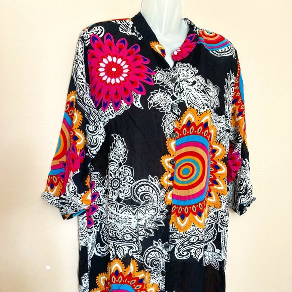 Nita Women's Tunic Dress Top Button Up 3/4 Sleeve Boho Black Multicolored XL/G - Picture 4 of 9